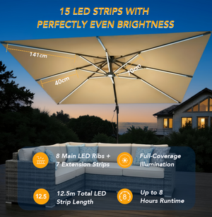 Terraliving Cantilever Umbrella - Integrated LED, Fibreglass Ribs, Aluminium Pole (Powder-Coated)