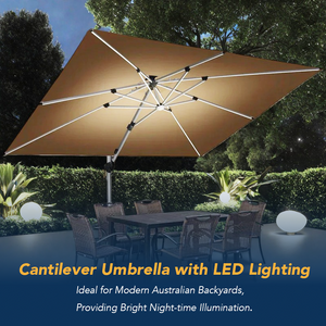 Terraliving Cantilever Umbrella - Integrated LED, Fibreglass Ribs, Aluminium Pole (Powder-Coated) -Beige Color